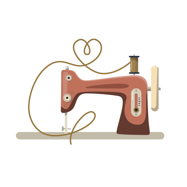 Retro sewing machine with heart shape on thread vector art illustration