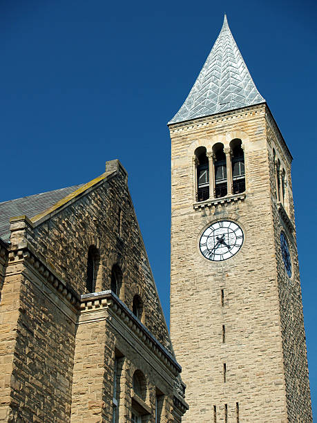 Cornell University Clocktower Cornell University's symbol; McGraw Clocktower and Uris Library shot in the afternoon on a clear summer day. cornell university stock pictures, royalty-free photos & images