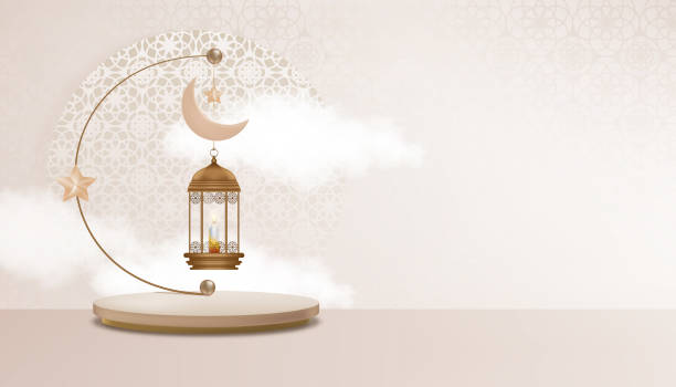 islamskie podium z tradycyjną islamską latarnią z półksiężycem, gwiazdą wiszącą na beżowym tle, wektorowym tłem religii muzułmańskiej symbolicznej, eid ul fitr, ramadan kareem, eid al adha, eid mubarak - eid stock illustrations