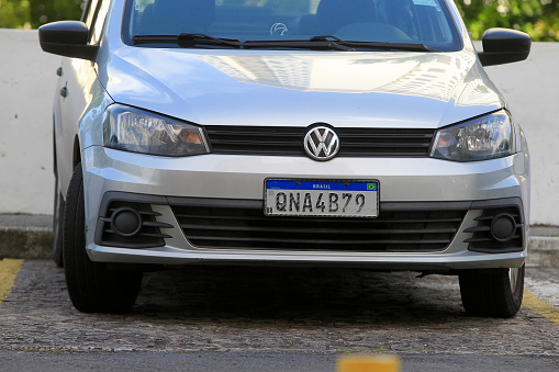 salvador, bahia, brazil - may 26, 2022: Mercosur vehicle identification plate is seen in a parked car in the city of Salvador.