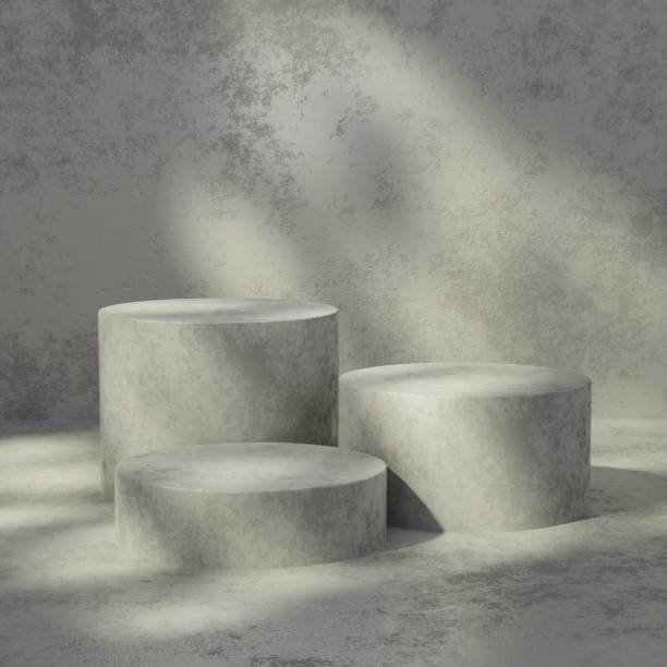 istock Abstract geometric composition with branch and shadow on the wall, Natural stone step pedestal. 3D render. Mock up for exhibitions. 1399890069