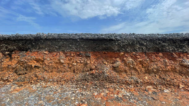 istock Layers soil rock road blur and blue sky 1399890112