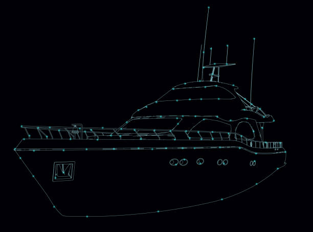istock Outline of a private yacht from blue lines isolated on a dark background. Vector illustration. 1399891340