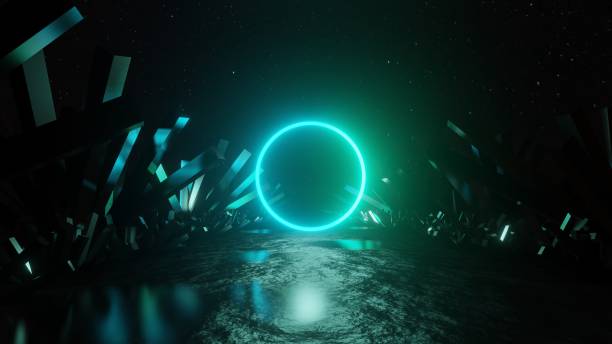 Abstract Neon Background. Glowing circle among crystals. Abstract Neon Background. Glowing circle among crystals. 3D render. vj loop stock pictures, royalty-free photos & images