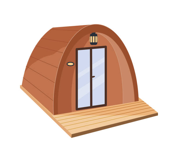 Glamping wooden tent pod isolated on white background Camping wooden tent pod isolated on white background. Luxury comfortable glamping house. Summer outdoor recreation, vacation concept. Flat cartoon vector illustartion summer camp cabin stock illustrations
