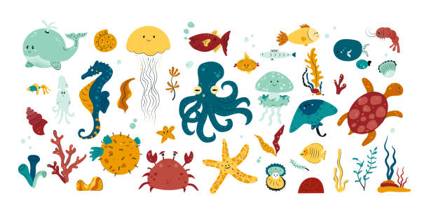 ilustraciones, imágenes clip art, dibujos animados e iconos de stock de lindo conjunto de criaturas marinas y animales submarinos - characters coral sea horse fish