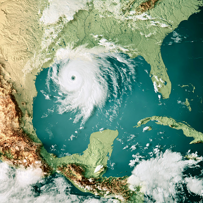 3D Render of a Topographic Map of the Gulf of Mexico with the clouds from August 26, 2020. 
Category 4 Major Hurricane Laura near the US State of Louisiana.
All source data is in the public domain.
Cloud texture: VIIRS, SNPP courtesy of NASA.
https://neo.gsfc.nasa.gov/view.php?datasetId=VIIRS_543D
Color texture: Made with Natural Earth.
http://www.naturalearthdata.com/downloads/10m-raster-data/10m-cross-blend-hypso/
Relief texture: SRTM data courtesy of NASA JPL (2020). 
https://e4ftl01.cr.usgs.gov//DP133/SRTM/SRTMGL3.003/2000.02.11
Water texture: SRTM Water Body SWDB: https://dds.cr.usgs.gov/srtm/version2_1/SWBD/