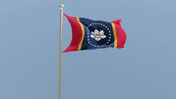 istock Mississippi flag on flagpole. MS flag fluttering in the wind. 1399892973