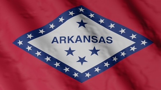 Arkansas flag. AR flag fluttering in the wind. USA. 3D render.