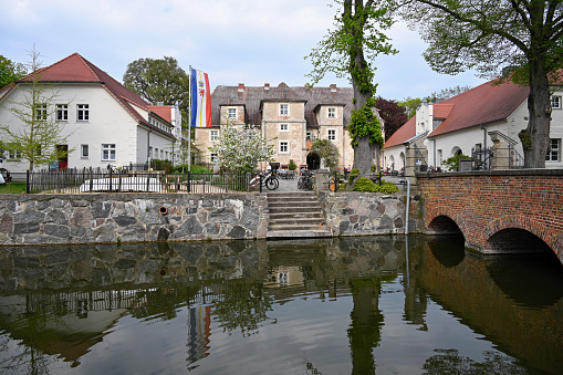 Schaffhausen, Switzerland - August 26, 2015: buildings of the historic part of the city of Schaffhausen along the the Rhine river, medieval fortress Munot, MS Thurgau at a pier. Schaffhausen is a city in northern Switzerland, it is the capital of the Swiss canton of Schaffhausen.