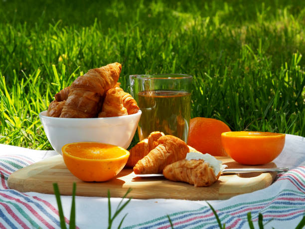 Outdoor picnic. Breakfast with croissants, oranges, tea, curd cheese. Still life on a background of green grass.