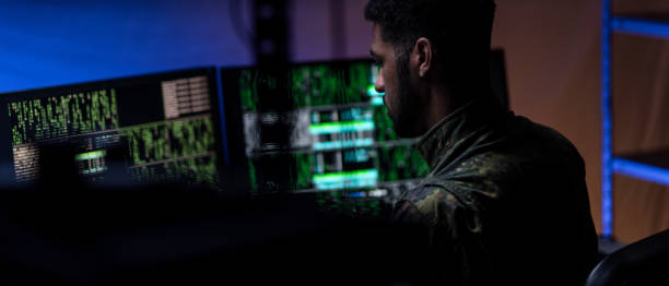 istock Hacker in military unifrorm on dark web, cyberwar concept. 1399895889