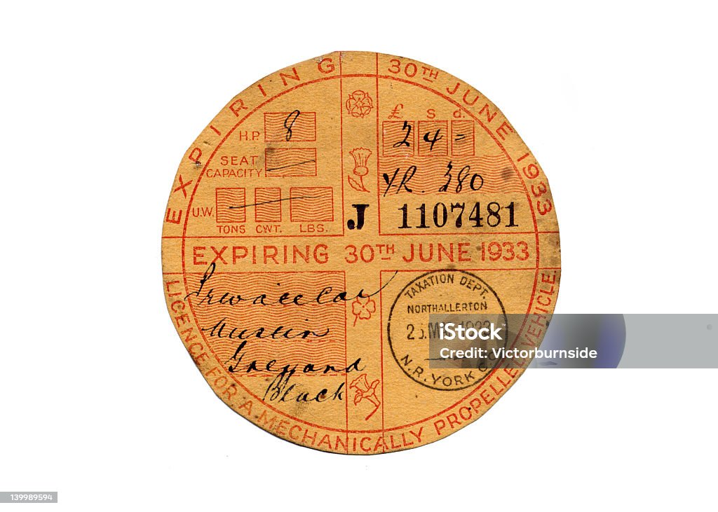 Tax Disc Vintage tax disc Disk Stock Photo