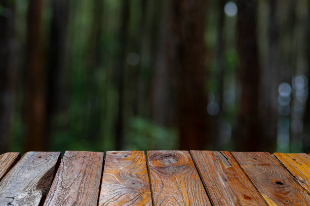 istock Old teak wood empty table in front of Sumatran pine (Pinus merkusii), pine forest stands. Display product. 1399900915
