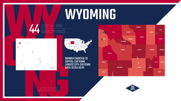 44 of 50 states of the United States, divided into counties with territory nicknames, Detailed vector Wyoming Map with name and date admitted to the Union, travel poster and postcard 44 of 50 states of the United States, divided into counties with territory nicknames, Detailed vector Wyoming Map with name and date admitted to the Union, travel poster and postcard casper wyoming stock illustrations