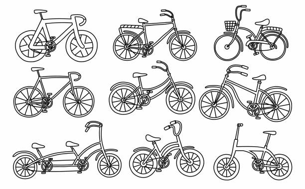 черная линия каракуля набор симпатичных велосипедов. - bicycle isolated basket red stock illustrations