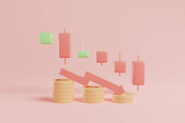 istock 3D rendering downtrend candle sticks, arrow and stacking coins on pink background. Downtrend stock and crypto currency concept 1399903120