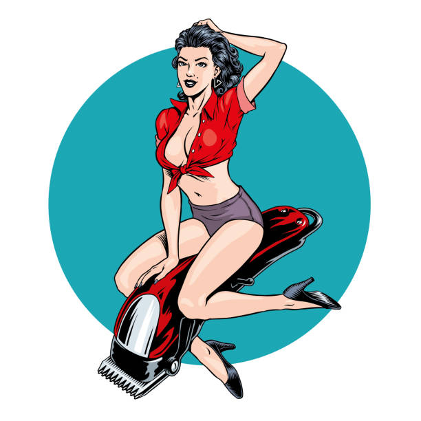 Attractive blonde woman sitting on barber electric hair clipper, barbershop or hair saloon retro pin up style vector illustration Attractive blonde woman sitting on barber electric hair clipper, barbershop or hair saloon retro pin up style vector illustration. Idea for tattoo, poster or t-shirt design. pin up tattoo stock illustrations