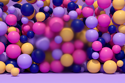 Colorful spheres behind a glass frame, 3d render.