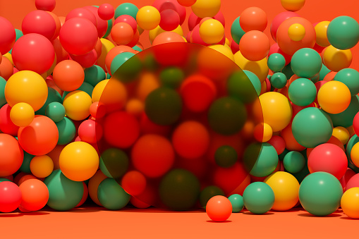 Colorful spheres behind a glass frame, 3d render.