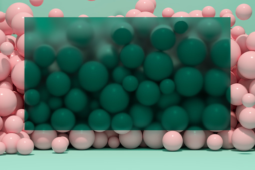 Colorful spheres behind a glass frame, 3d render.