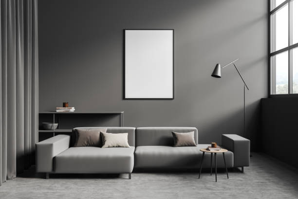 istock Dark living room interior with empty white poster, panoramic window 1399905637