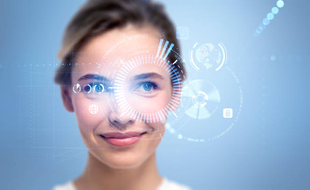 istock Young woman and biometric scanning, digital hologram with binary 1399905692