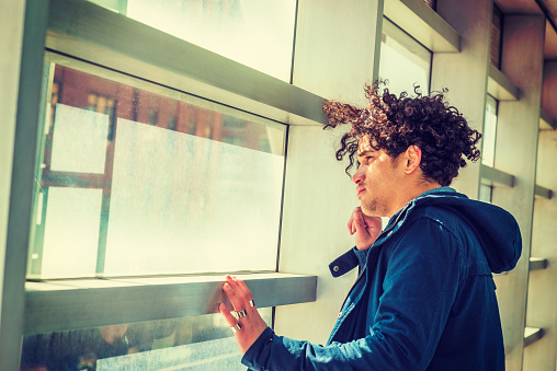 Portrait of American college student in New York. Wearing blue jacket with hood, a guy with freckle face, curly long hair, standing by glass wall on campus under sun, looking outside. Side View. 