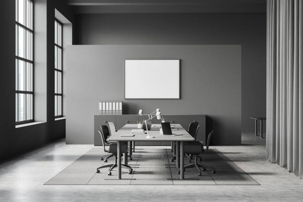 istock Grey office room with desk and laptop, panoramic window, mockup frame 1399906487