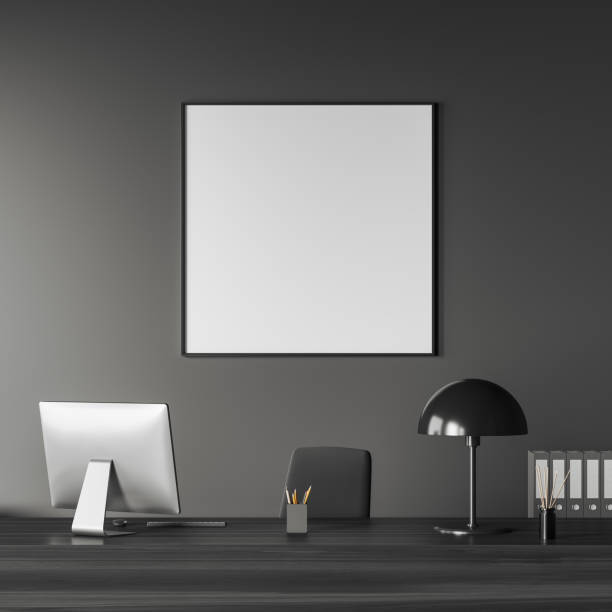 istock Dark business room interior with desk and computer. Mockup frame 1399906588