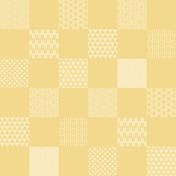 Golden checkered pattern background illustration with Japanese patterns Golden checkered pattern background illustration with various traditional Japanese patterns stipe stock illustrations