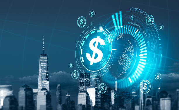 istock New York city view, dollar icon and glowing sphere with binary, online payment 1399907076