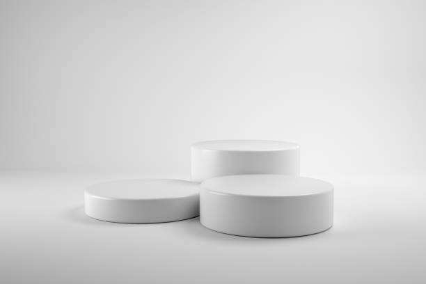 istock Modern Platform stand podium display on white room background. for empty product shelf or exhibition stage backdrop. 3D rendering. 1399907934