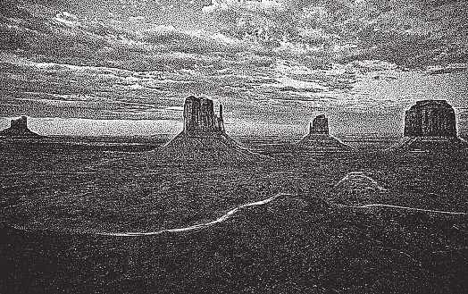 Stipple illustration of Dusk in Monument Valley