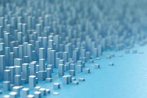 Abstract cityscape, bar graph, cube shapes background, 3d render.