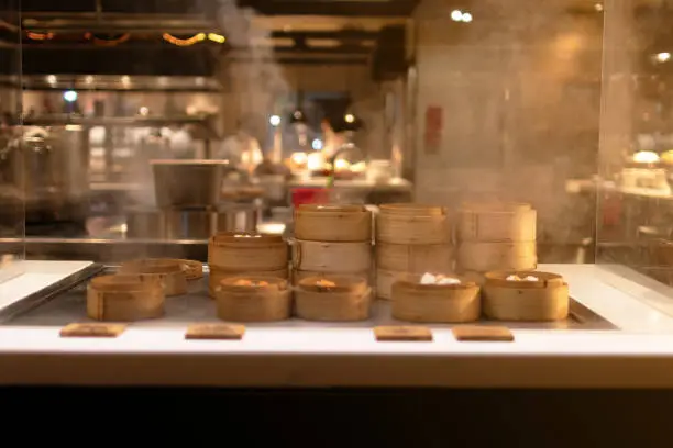 Photo of Dim sum steamers at Chinese restaurant.