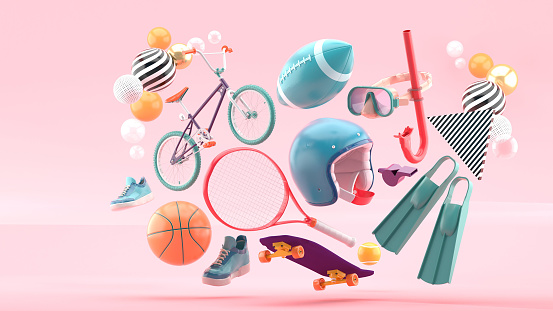 Helmet, tennis racket, skateboard, cycle, basketball, American football, shoes and diving equipment surrounded by colorful balls on a pink background.-3d rendering.