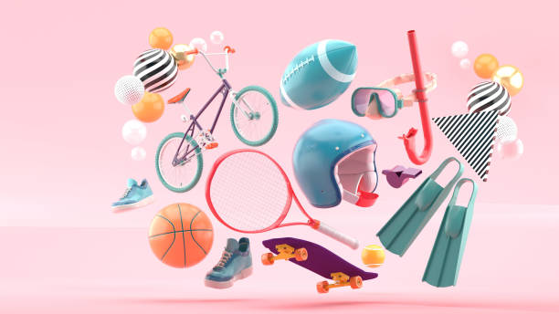 Helmet, tennis racket, skateboard, cycle, basketball, American football, shoes and diving equipment surrounded by colorful balls on a pink background.-3d rendering."n stock photo