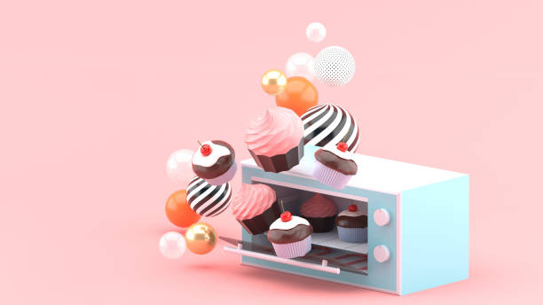 "nCupcakes floating out of the oven Surrounded by colorful balls on a pink background.-3d rendering."n stock photo
