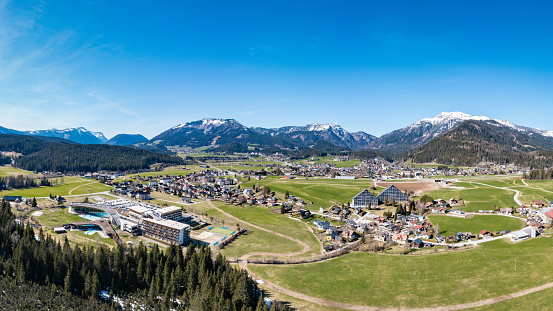 Bad Mitterndorf in Styria during springtime. Scenic aerial panorama of the famous touristic destination in Austria.