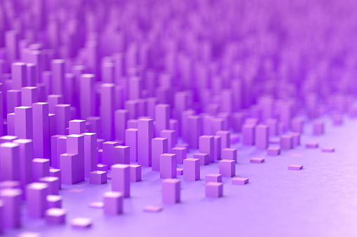 Abstract cityscape, bar graph, cube shapes background, 3d render.