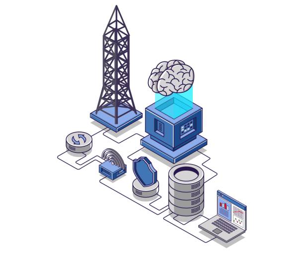 illustrazioni stock, clip art, cartoni animati e icone di tendenza di illustrazione del concetto isometrico piatto. torre radar di rete internet e server dati - tower isometric communications tower antenna