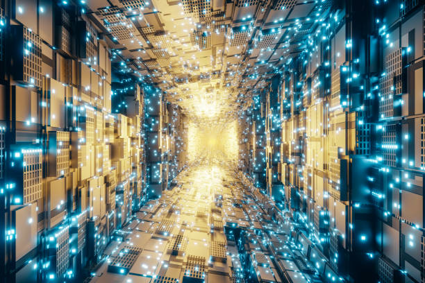 istock 3d rendering of flying into sci-fi corridor covered by little glow squares 1399911702