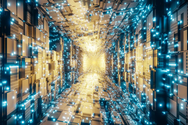 3d rendering of flying into sci-fi corridor covered by little glow squares stock photo