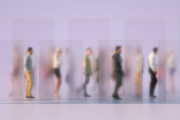 Blurred business people behind glass frames, 3d render.