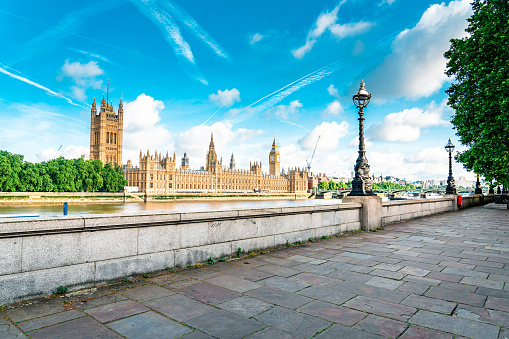 London, United Kingdom - ‎September  20, 2023: Panorama with the Westminster Bridge, Houses of Parliament and Big Ben in London UK