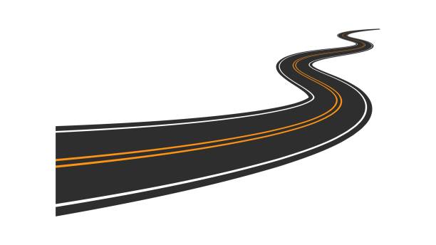 Winding highway with sharp turns Winding highway with sharp turns. Empty dark asphalt road and yellow markings with curves. Complicated journey with constant attention and vector concentration road stock illustrations