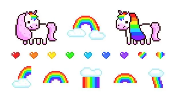 Vector illustration of Pixel unicorns and rainbows set