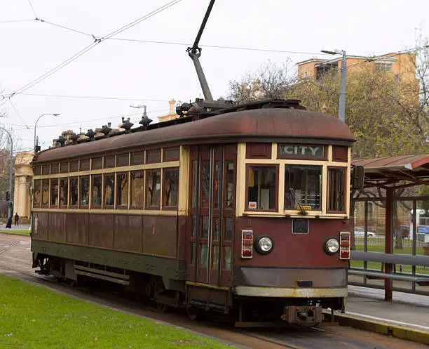 The old H Class "Rattler" tram in Adelaide, South Australia. They have been serving Adelaide since 1929. Recently replaced by the German made Bombardier Flexity class tram.