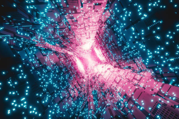 istock 3d rendering of flying into sci-fi corridor covered by little glow squares 1399914279